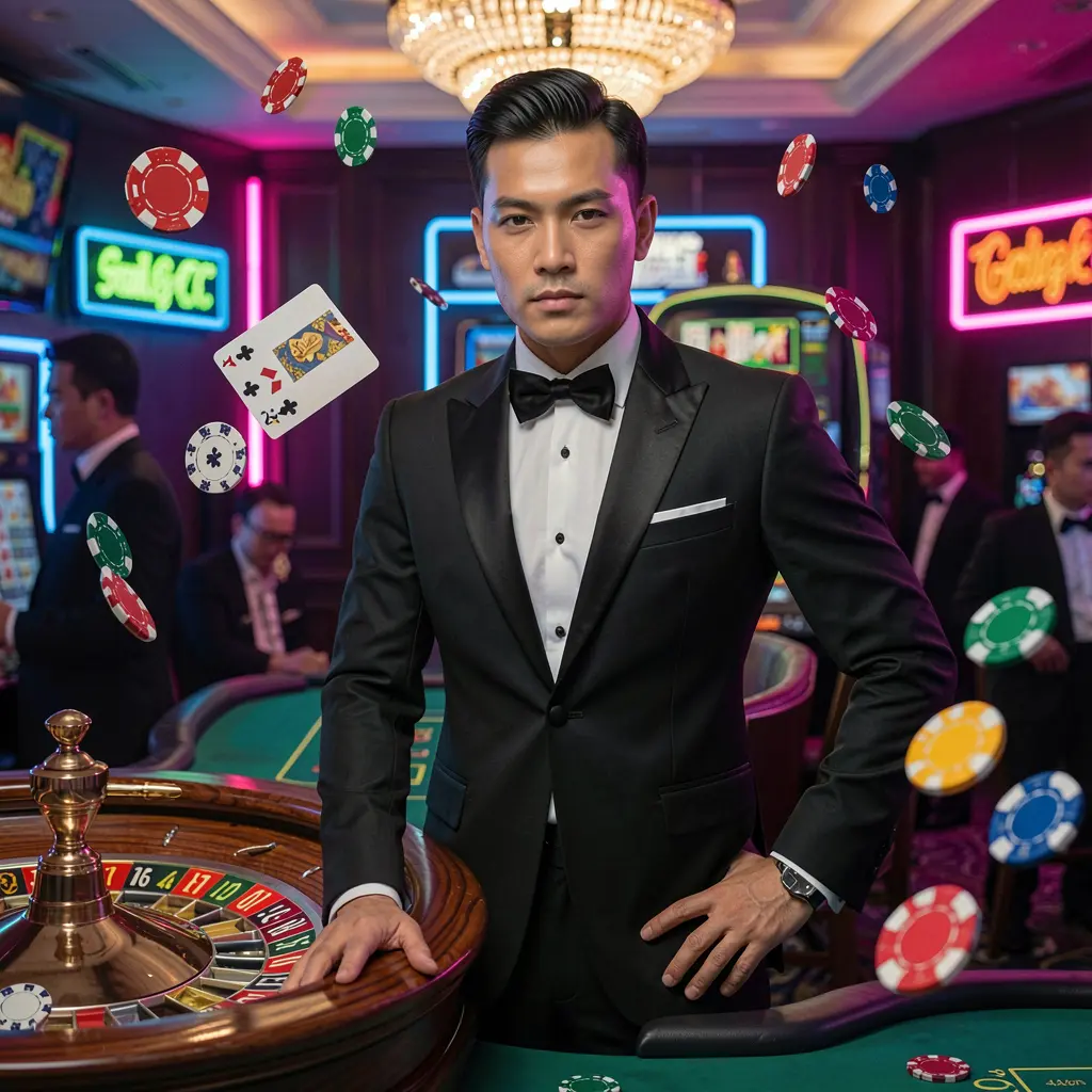 MBI123 – Discover the excitement of live casino games in Malaysia Confident casino dealer in a tuxedo near a roulette wheel with flying chips highlighting the premium live gaming atmosphere at MBI123 Malaysia